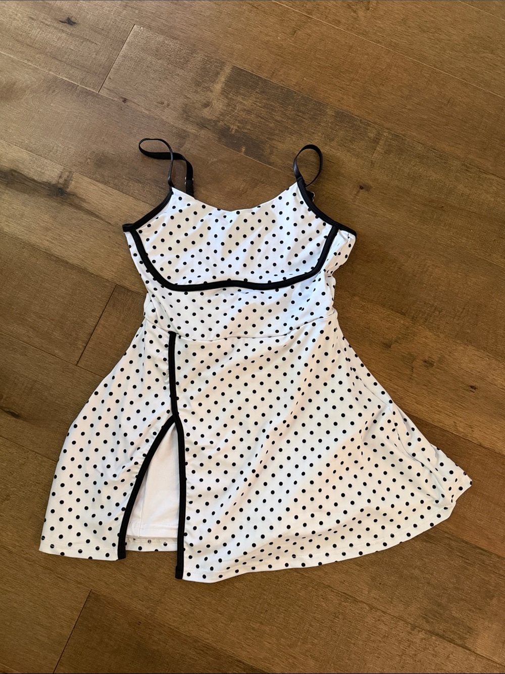 SHEIN White Polka Dot Mini Dress with Black Trim shorts with pockets under💋